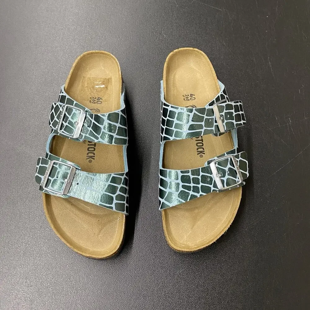 NEW Birkenstock Arizona Sandals EU 40 Womens 9 Narrow Aqua Green Croc Print